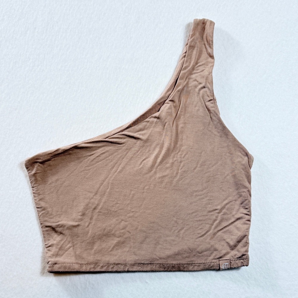 437 Four Three Seven One Shoulder‎ Crop Top Womens Medium Tan Minimalist Active